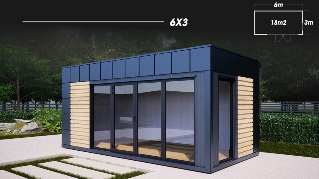 Pavillon med vindue foran og på siden